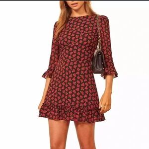 Reformation black and red roses mini doutzen dress